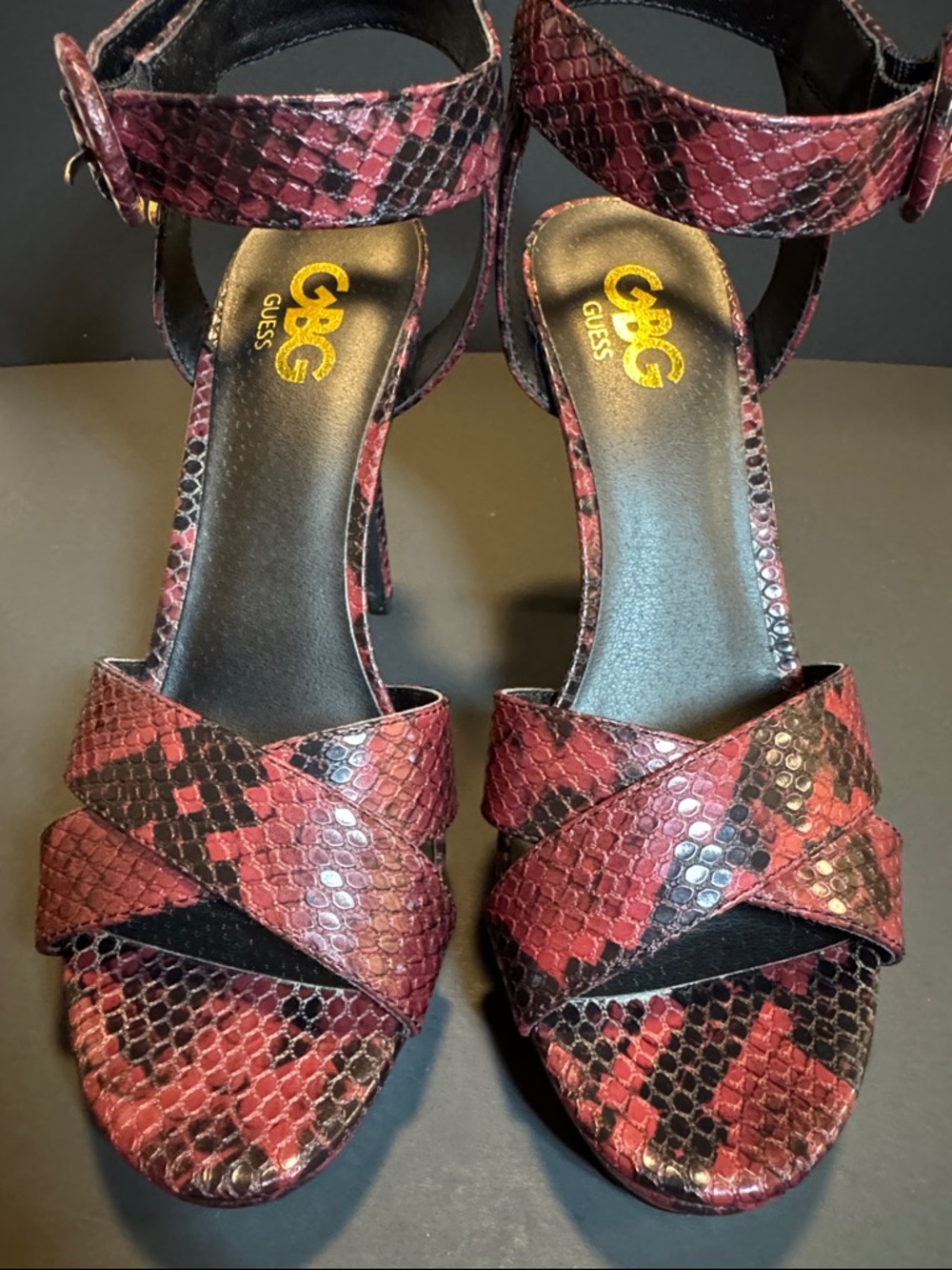 G by Guess Red Snakeskin Ankle-Strap Platform Heels - Picture 7 of 12